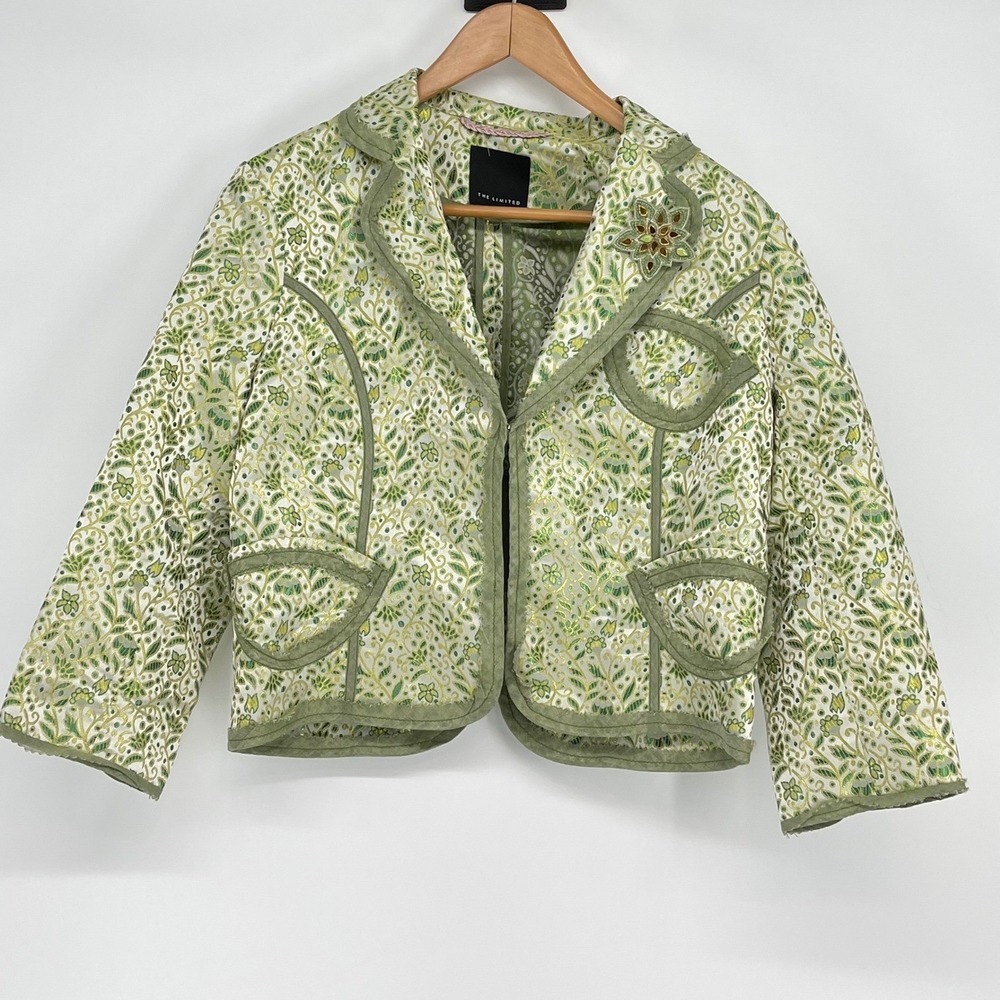 The Limited Asian‎ Floral Brocade Green Gold Leafy Print Cropped Jacket Sz M Y2K